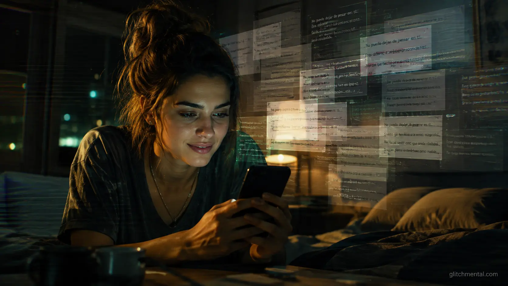 Fraude romántico: mujer con teléfono rodeada de capas de mensajes reescritos en la noche